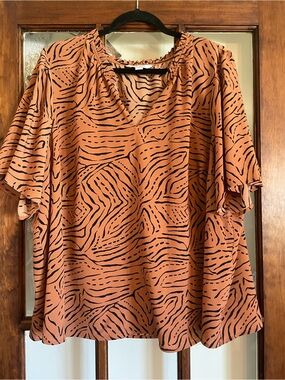 Nine West Rust Zebra-Print Short Sleeve V-Neck Blouse